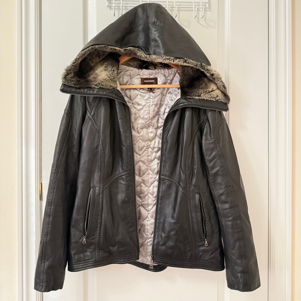 Danier Black Leather Jacket with Fur Hood